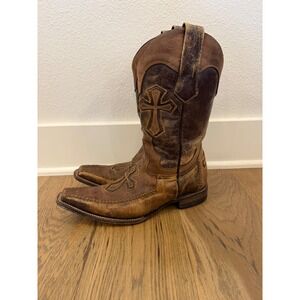 Reyme Cowboy Rodeo Boots Cross Embroidered Brown Leather‎ Distressed